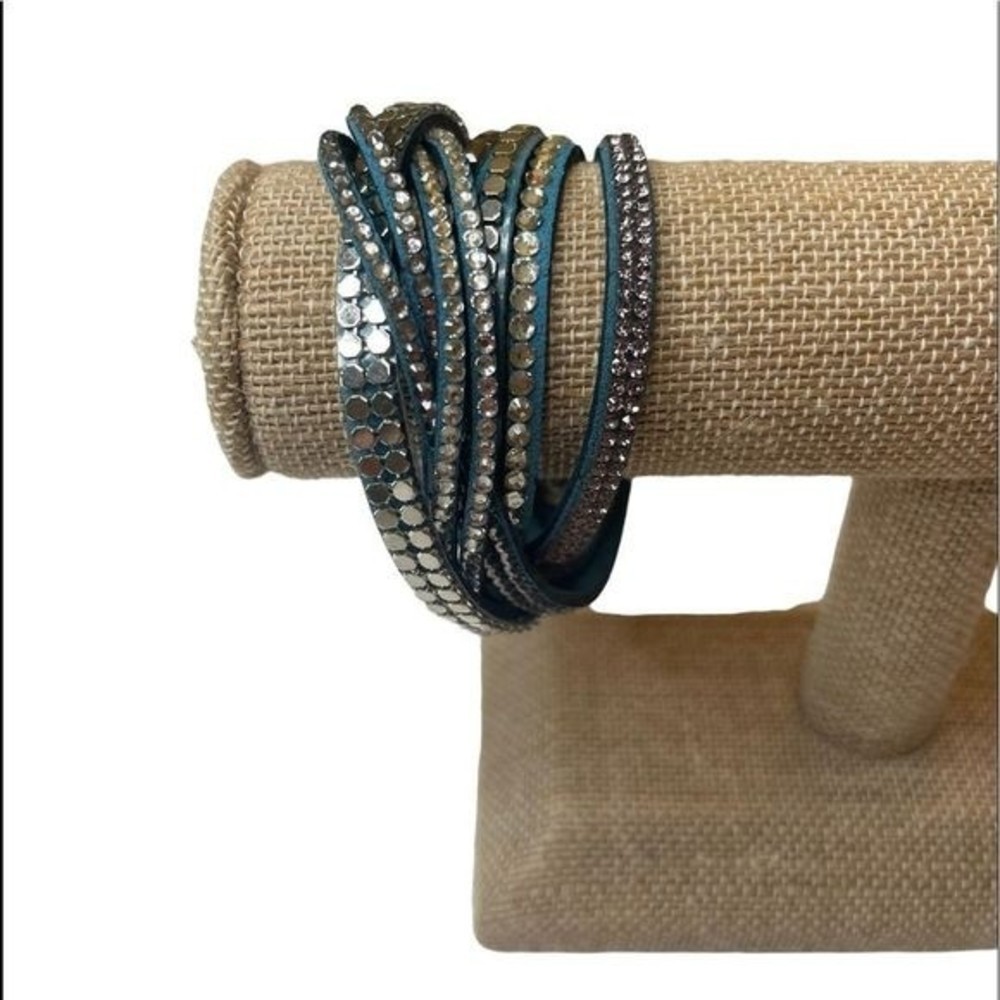Fashion Jewelry Blue  Silver Tone Cubic Zirconia Wrap Bracelet  Size 16"